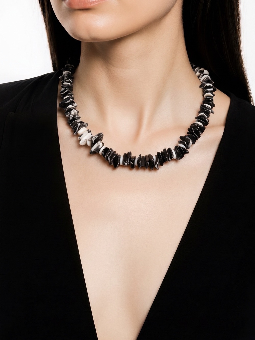 Black and White Shell Chip Necklace Choker 15” Unisex